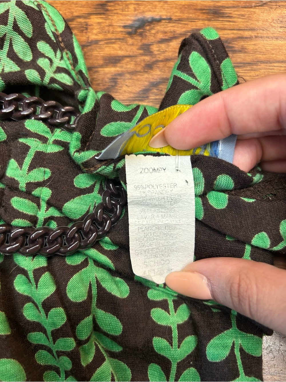 Earthy jungle core Y2K boho Midi Dark brown Dress with Green Leaf Pattern - Picture 5 of 6